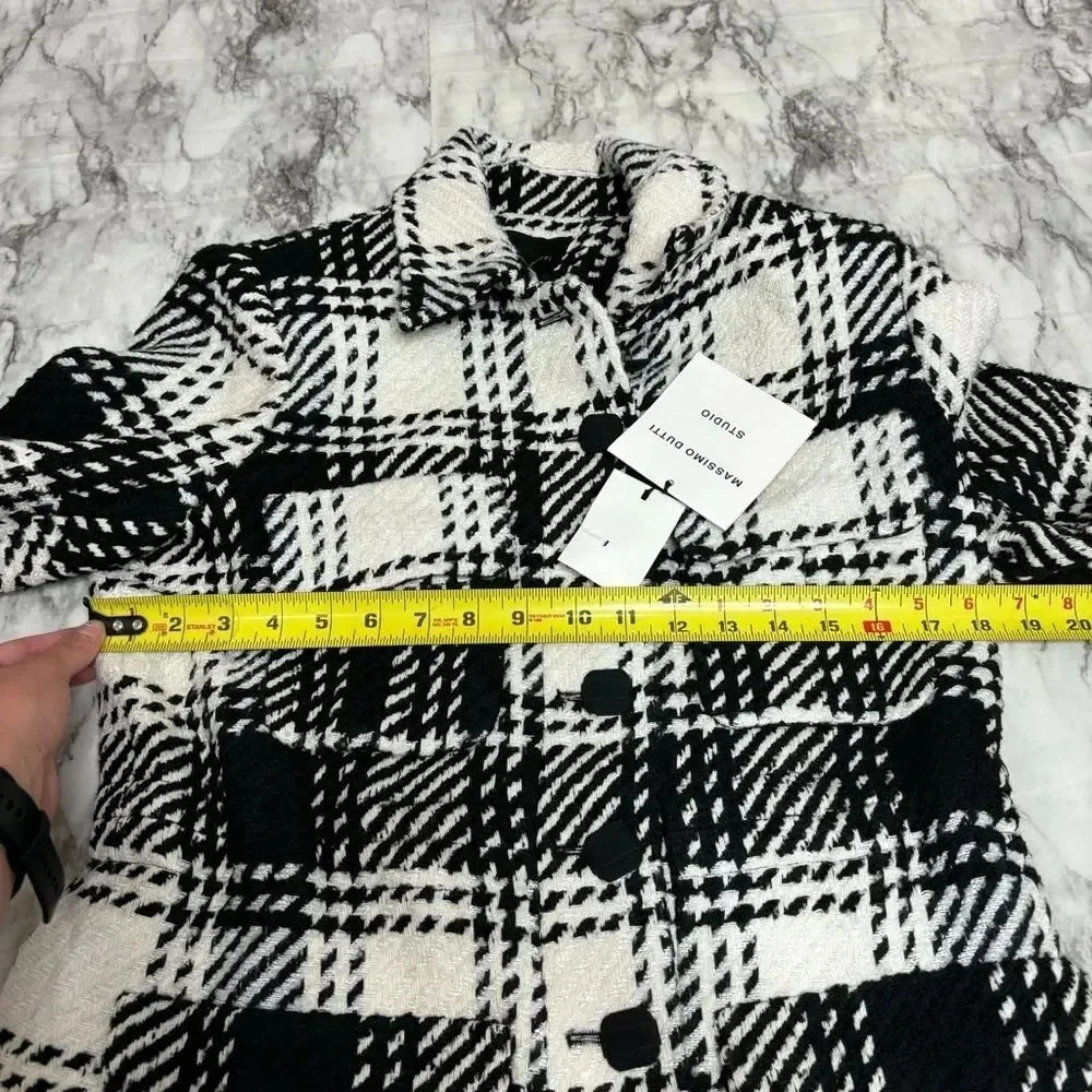 Massimo Dutti Black White textured Studio Jacket Plaid Coat size Small NWT